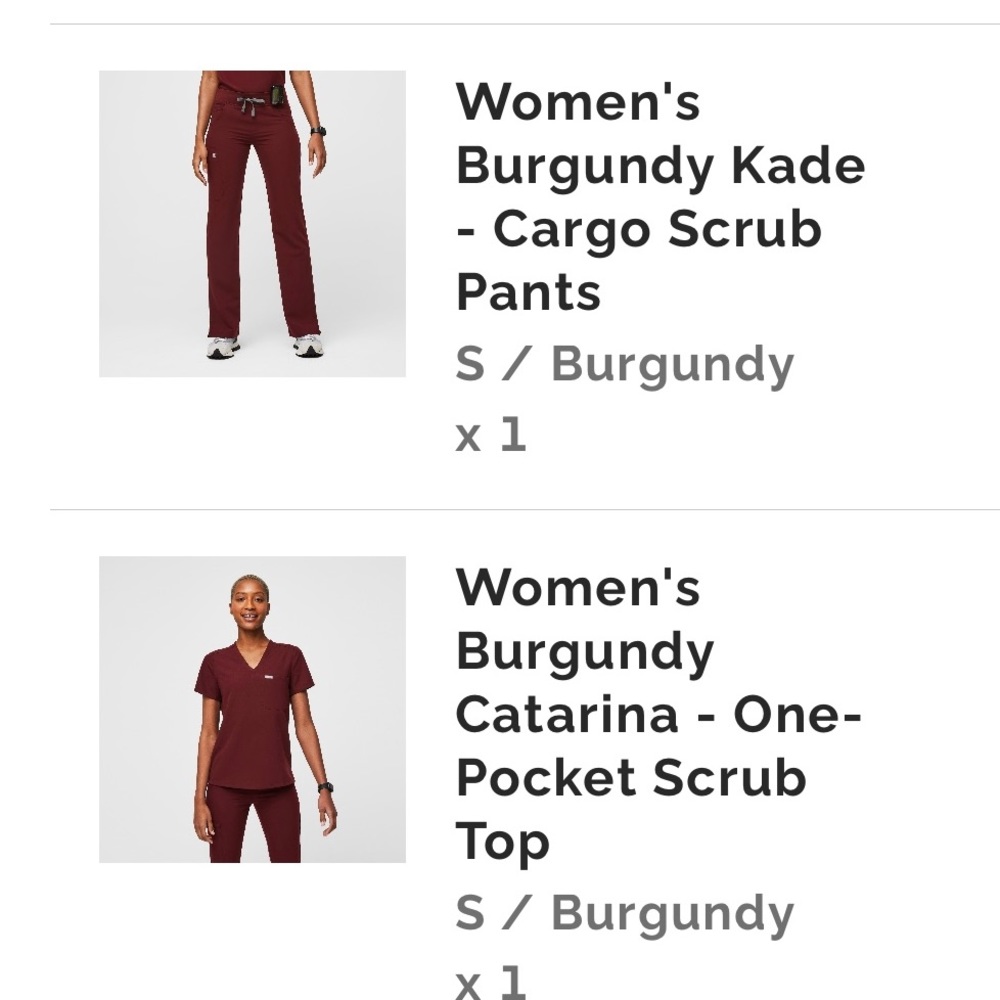 Figs Scrub trio. Burgundy. Catarina top Sm, Kade Cargo Sm, Zamora Jogger SM/P